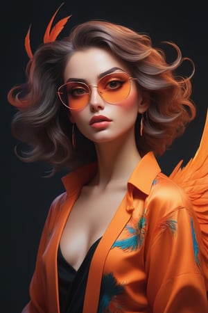 An incredible painting, from Fedya's deranged imagination, of a mesmerizing and striking portrait by artist Fedya Serafiev, featuring a young beautiful woman with a captivating synthwave-inspired style. Her side profile showcases a unique, styled hairstyle and complex facial features highlighted by clear gradient tinted heart-shaped glasses. The artist uses a captivating clone effect, a bug effect, and a vibrant, colorful neon palette to create an immersive experience that's edgy and modern. The portrait, titled "Fedya's Neighbor" by Fedya Serafiev, depicts a mystical woman transforming into a phoenix, adorned in an orange outfit with a fluttering fabric. The seamless background complements her outfit, creating a striking contrast of dark and light shades. This masterpiece artfully combines fashion, portrait photography, illustration and painting, resulting in a captivating, , photo, 3D visualization, anime, life, portrait photography, fashion, cinema, illustration, painting.