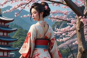 Incredibly exquisite 3D visualization of a beautiful and charming woman dressed in a traditional Japanese kimono, radiating a spirit of ancient beauty. Her intricate shoulder and back tattoo, inspired by the art of ukiyo-e, blends seamlessly with the design of her kimono. The vivid colors and delicate patterns of her clothing create a stunning contrast against the tranquil landscape of cherry blossoms and a rising sun. With a katana in hand and a mysterious yet alluring gaze, she stands confidently amidst the peaceful surroundings, embodying the essence of Japanese culture and art., photo, 3d rendering.