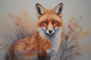 A meticulous and colorful depiction of a fox. The fox has a striking coat of fiery red and orange hues, with keen, intelligent eyes thatengage directly with the viewer. Surrounding the fox are dynamic patterns of red and orange ink or paint, creating a sense of flames or ethereal energy. The background is a soft, muted gray, which contrasts sharply with the vivid colors of the fox and its surroundings, making the subject the focal point of the artwork