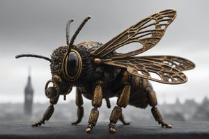 From the wild imagination of artist Fedya Serafiev, a captivating image of an artistically crafted punk bee featuring a detailed and intricate brass and copper body adorned with gears and clockwork. The wings of the bee are cleverly designed with a combination of leather and metal, showing a complex system of pulleys and levers. The bee's vintage industrial aesthetic exudes a sense of wonder and curiosity. The background is a dreamy, blurred scene of a busy city, with chimneys and towers in the distance, adding a sense of scale and depth to the composition.