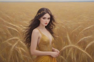 A captivating oil painting of a woman with long wavy red and black hair standing gracefully among tall golden ears of wheat. She wears a stunning mustard colored gown adorned with intricate detailing and a plunging neckline that contrasts beautifully with the ears of wheat. The sunlight bathes her in a warm glow, highlighting the features and rich texture of the dress. The background is a harmonious combination of wheat swaying gently in the wind, creating a calm and ethereal atmosphere., painting, vibrating
