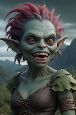 A stunning digital illustration of a female goblin, straight from the depths of Fantomas' imagination. The goblin is rendered in intricate detail, showcasing her scaly, green skin, sharp teeth, and piercing red eyes. She wears an elaborate hairstyle adorned with bones and carries a menacing staff. The background is a chaotic, dark and mystical landscape with towering mountains, twisted trees and swirling clouds. The overall atmosphere is both eerie and alluring, inviting the viewer to dive deeper into the fantasy world of Fantomas.