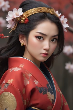 A stunning and hyper-realistic portrait photograph, from Feyada's imagination, captures the essence of the female samurai warrior, radiating both beauty and strength. She is dressed in a stunning red kimono with intricate gold and silver patterns, an elegant matching obi, and impressive samurai armor adorned with gold detailing. Her outfit exudes a cinematic, ethereal aura reminiscent of a classic ukiyo-e print. The background shows a lush, colorful landscape filled with cherry blossoms and autumn foliage, seamlessly blending the elements of strength, grace and nature. The dramatic and bold atmosphere of the portrait conveys an empowering message and a sense of harmony between the warrior and his surroundings, making it a truly captivating and inspiring piece of art., vibrant, fashion, ukiyo-e, photo, portrait photography, cinema, poster