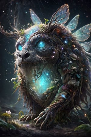 Digital art of a creature affected by the "Mutated Axolochi Syndrome" showcasing the intricate effects of Fiber Optic Nerve Stimulation. This being, a representation of the "Tycho Supermassive Delta Variant", stands as a sentinel species, its form shimmering with iridescent, translucent, and bioluminescent qualities, indicating a heightened sensitivity. The reality of this scene is intensified to mimic "AbsoluteRealityV1.6525" with a focus on dramatically amplified details. The environment around the creature is a whirlwind of botanical elements, each more over-dramatic than the last: arcane, divine, angelic, demonic, frozen, cryogenic, oceanic, aquatic, thundering, stormy, hellfire, volcanic, restorative, native, artificial, electronic, featherweight, airborne, cosmic, universal, dimensional, oblivion, supernovae, bioluminescent, and evolutionary botanical effects. The image is rendered in high resolution, ensuring every detail is captured. A special emphasis is placed on the creature's face, which has been meticulously restored using hypernetworks, presenting a visage that is both haunting and mesmerizing.