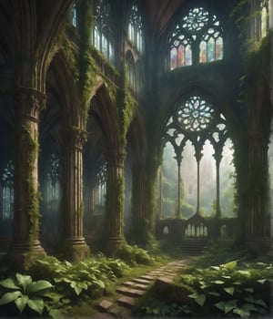 ualize the ruins of a Gothic cathedral in a misty forest. The remaining arches and stained glass windows stand as a testament to its former glory, with ivy and moss reclaiming the stone work.*