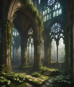 ualize the ruins of a Gothic cathedral in a misty forest. The remaining arches and stained glass windows stand as a testament to its former glory, with ivy and moss reclaiming the stone work.*
