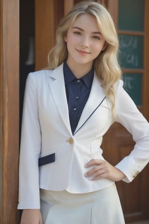 portrait photo of a Top model british teen girl, 16 years old, tall, seductive smile, small mole under left eye, smooth soft pale skin, symmetrical, at summer, whole body, at school, perfect detail, looking at viewer, make up, (luxury longest wavy hair:1), (blonde hair), highschool uniform, white open cleavage shirt, twist, navy blue suit, small breasts, soft lighting, highly detailed face, from side, photo realistic, (looking into camera:1.7), HDR, cowboy shot,Enhance,AIDA_LoRA_HanF,photorealistic,AIDA_LoRA_KtM,hermione11granger,Extremely Realistic, (full body focus:2) , (perfect hands:1.5),MonicaBellucci, (blunt bangs hair style:1.6)
