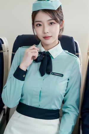 Close up to everything, 16K UHD, (life style:1.4), A french-Taiwanese beautiful Stewardess, super idol face, 24 years old, detailed face, monolid, (bun short haired:1.4), (long-sleeved turquoise green-bue stewardess shirt , white collar, off-white long skirt, black tie:1.4), laying on a plane seat, the light is very bright, spotlight, masterpiece, high quality,(she is wearing a blue-green Stewardess's side cap:1.6),wanpeng, (black pupils:1.2),Seolah,better_hands,Asia,1 girl ,Woman ,solo,imutbgtbos, (full_body shot:1.2)