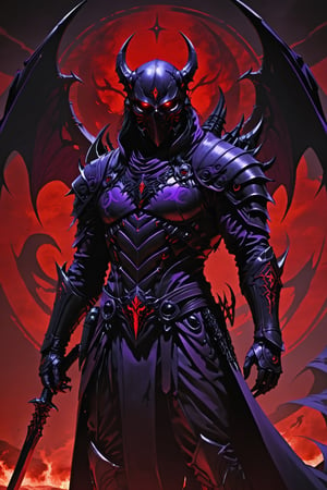 death in person, hate, anger, pure wraith, massiv male silluet, brutal, cold, dead_eyes, demon like(no horns) with a pale mask
armor color black, violett, red, dark orange, black sun in the backround, The Omen

