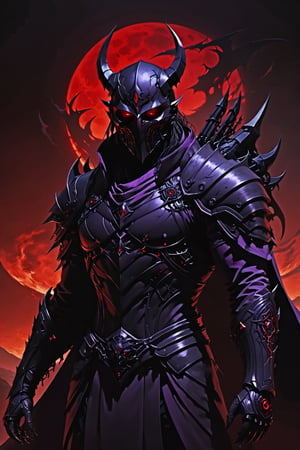 death in person, hate, anger, pure wraith, massiv male silluet, brutal, cold, dead_eyes, demon like(no horns) with a pale mask
armor color black, violett, red, dark orange, black sun in the backround, The Omen

