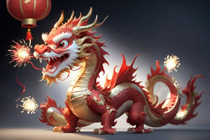 red and golden color, Masterpieces,  high_details, realistic, best quality, dragon, dragon-themed,dragonyear, 3d toon style
solo, looking at viewer, red eyes, jewelry, closed mouth, tail, full body, necklace, no humans, gem, red and golden baby dragon, smiling, lifting dragon dance,cute, Chinese new year, firework, two strings of small firecrackers