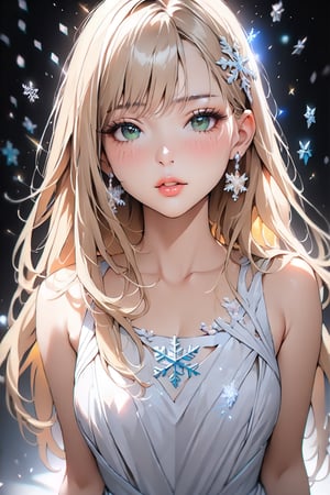 1girl, solo, ((standing: 2.5)), long hair, looking at viewer, blush, bangs, hair ornament, jewelry, green eyes, himecut, blonde straight hair, earrings, parted lips, blurry, lips, ((white dress: 2)), eyelashes, portrait, light particles, ((masterpiece: 2)), excellent quality, light particles, snowflakes, ((stunning_image: 1.5)), ((snowflakes in air: 1)), medium long shot.