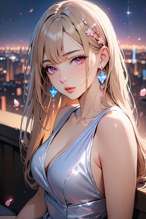 1girl, solo, ((sitting: 2.5)), long hair, looking at viewer, blush, bangs, hair ornament, jewelry, pink eyes, himecut, blonde straight hair, earrings, parted lips, blurry, lips, ((evening: 1.1)), eyelashes, portrait, light particles, ((masterpiece: 2.5)), excellent quality, light particles, city in background, ((stunning_image: 1.5)), ((sakura petals in air: 1)), full body shot.