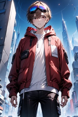 1boy, male focus, medium shot, cyberpunk clothes (white shirt, red hoodie, black_pants, futuristic goggles in head), ((masterpiece quality: 2)), ((light particles: 1.5)), futuristic city in background. physical appareance (brown hair, red eyes, very short hair).,Beautiful Eyes,Eyes