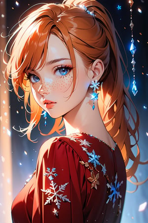 1girl, solo, ((standing: 2.5)), long hair, looking at viewer, blush, bangs, hair ornament, jewelry, blue eyes, ponytail, orange straight hair, earrings, parted lips, blurry, lips, ((red dress: 1.1)), eyelashes, portrait, light particles, ((masterpiece: 2)), excellent quality, light particles, ((freckles: 1.5)), snowflakes, ((stunning_image: 1.5)), ((magma drops in air: 1)), medium long shot.,Ink art