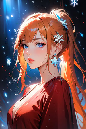 1girl, solo, ((standing: 2.5)), long hair, looking at viewer, blush, bangs, hair ornament, jewelry, blue eyes, ponytail, orange straight hair, earrings, parted lips, blurry, lips, ((red dress: 1.1)), eyelashes, portrait, light particles, ((masterpiece: 2)), excellent quality, light particles, snowflakes, ((stunning_image: 1.5)), ((magma drops in air: 1)), medium long shot.,Ink art