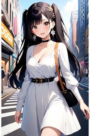 1girl, long hair, breasts, looking at viewer, blush, smile, open mouth, bangs, shirt, black hair, hair ornament, long sleeves, dress, cleavage, brown eyes, jewelry, medium breasts, collarbone, earrings, outdoors, solo focus, choker, belt, bag, white dress, two side up, building, city, road, street