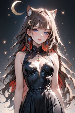 1girl, solo, cute smile, bangs covering human ears, ((standing: 2.5)) long hair, looking at viewer, blush, bangs, ((one crescent moon hair ornament: 1)), black dress, blue eyes, himecut hairstyle, brown hair, ((cat ears: 1.2)), earrings, parted lips, blurry, lips, eyelashes, portrait, light particles, ((masterpiece: 2)), excellent quality, light particles, ((stunning_image: 1.5)), ((outer hair brown: 1.7)), ((red inner fur: 1.5)), close up.