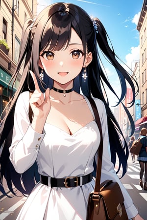 1girl, long hair, breasts, looking at viewer, blush, smile, open mouth, bangs, multiple girls, shirt, black hair, hair ornament, long sleeves, dress, cleavage, brown eyes, jewelry, medium breasts, collarbone, earrings, outdoors, solo focus, choker, belt, bag, white dress, two side up, building, index finger raised, city, road, street