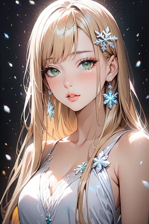 1girl, solo, ((standing: 2.5)), long hair, looking at viewer, blush, bangs, hair ornament, jewelry, green eyes, himecut, blonde straight hair, earrings, parted lips, blurry, lips, ((white dress: 1.1)), eyelashes, portrait, light particles, ((masterpiece: 2)), excellent quality, light particles, snowflakes, ((stunning_image: 1.5)), ((snowflakes in air: 1)), medium long shot.