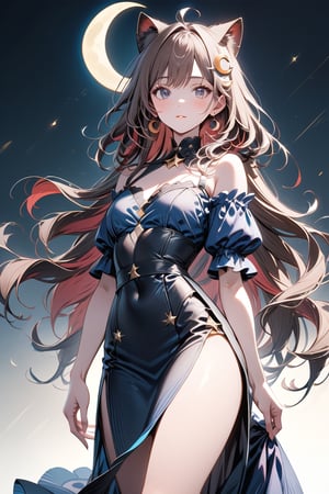 1girl, solo, cute smile, bangs covering human ears, ((standing: 2.5)) long hair, looking at viewer, blush, bangs, ((one crescent moon hair ornament: 2)), black dress, blue eyes, himecut hairstyle, brown hair, ((cat ears: 1.2)), earrings, parted lips, blurry, lips, eyelashes, portrait, light particles, ((masterpiece: 2)), excellent quality, light particles, ((stunning_image: 1.5)), ((outer hair brown: 1.7)), ((red inner fur: 1.5)), ((Braid: 1.4)), close up.