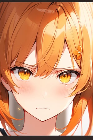 1girl, solo, masterpiece quality, looking at viewer, blush, yellow eyes, orange hair, twintails hairstyle, blurry, eyelashes, portrait, medium long shot, ((upper body)), reflection, hate, she's very disgusted, disgusted face, detailed disgust,Eyes