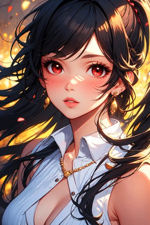 1girl, solo, long hair, looking at viewer, blush, bangs, hair ornament, jewelry, red eyes, ponytail, black hair, earrings, parted lips, blurry, lips, eyelashes, portrait, light particles