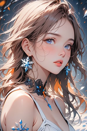 1girl, solo, ((standing: 2.5)), long hair, looking at viewer, blush, bangs, hair ornament, jewelry, blue eyes, ponytail, orange straight hair, earrings, parted lips, blurry, lips, ((white dress: 1.1)), eyelashes, portrait, light particles, ((masterpiece: 2)), excellent quality, light particles, snowflakes, ((stunning_image: 1.5)), ((magma drops in air: 1)), medium long shot.,Ink art