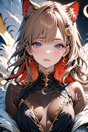 1girl, solo, cute smile, bangs covering human ears, ((standing: 2.5)) long hair, looking at viewer, blush, bangs, ((one crescent moon hair ornament: 2)), black dress, blue eyes, himecut hairstyle, brown hair, ((cat ears: 1.2)), earrings, parted lips, blurry, lips, eyelashes, portrait, light particles, ((masterpiece: 2)), excellent quality, light particles, ((stunning_image: 1.5)), ((outer hair brown: 1.7)), ((red inner fur: 1.5)), ((Braid: 1.4)), medium shot, close up.