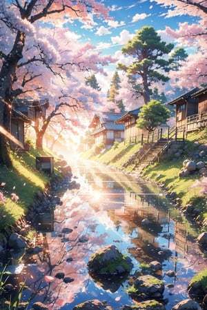 outdoors, sky, water, blurry, tree, petals, no humans, depth of field, sunlight, grass, cherry blossoms, scenery, reflection, sunset, rock,detail,midjourney,pastelbg
