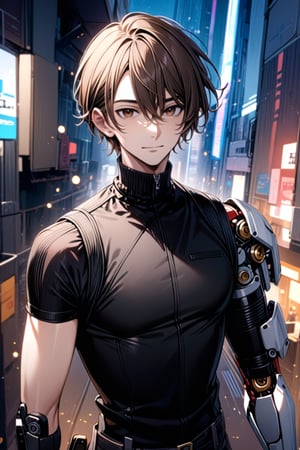 1boy, male focus, medium shot, smile, cyberpunk clothes (black shirt, black pants), ((masterpiece quality: 2)), ((light particles: 1.5)), futuristic city in background. physical appareance (brown hair, red eyes, very short hair), ((Mechanical right arm: 2)), Upper body.