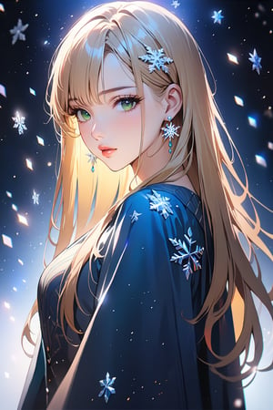 1girl, solo, ((standing: 2.5)), long hair, looking at viewer, blush, bangs, hair ornament, jewelry, green eyes, himecut, blonde straight hair, earrings, parted lips, blurry, lips, eyelashes, portrait, light particles, ((masterpiece: 2)), excellent quality, light particles, snowflakes, ((stunning_image: 1.5)), ((snowflakes in air: 1)), medium long shot.