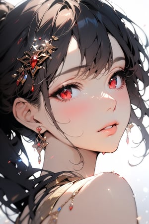 1girl, solo, long hair, looking at viewer, blush, bangs, hair ornament, jewelry, red eyes, ponytail, black hair, earrings, parted lips, blurry, lips, eyelashes, portrait, light particles, ((masterpiece: 2)), excellent quality.,Eyes