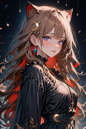 1girl, solo, cute smile, bangs covering human ears, ((standing: 2.5)) long hair, looking at viewer, blush, bangs, ((one crescent moon hair ornament: 1)), black dress, blue eyes, himecut hairstyle, brown hair, ((cat ears: 1.2)), earrings, parted lips, blurry, lips, eyelashes, portrait, light particles, ((masterpiece: 2)), excellent quality, light particles, ((stunning_image: 1.5)), ((outer hair brown: 1.7)), ((red inner fur: 1.5)), close up.