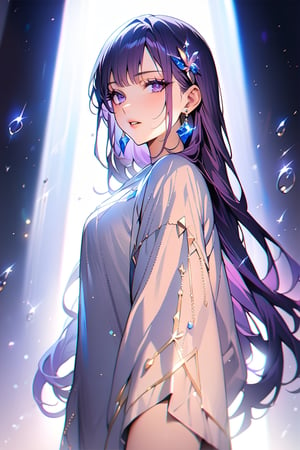 1girl, solo, ((standing: 2.5)) long hair, looking at viewer, blush, bangs, hair ornament, jewelry, purple eyes, himecut, purple hair, ((girl sitting: 1.2)), earrings, parted lips, blurry, lips, eyelashes, portrait, light particles, ((masterpiece: 2)), excellent quality, light particles, water drop, ((stunning_image: 1.5)), ((cristals in air: 1)), medium long shot.
