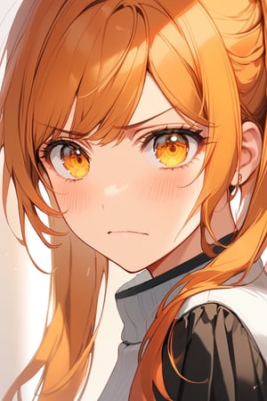 1girl, solo, masterpiece quality, looking at viewer, blush, yellow eyes, orange hair, twintails hairstyle, blurry, eyelashes, portrait, medium long shot, ((upper body)), reflection, hate, she's very disgusted, disgusted face, detailed disgust, frown, Eyes