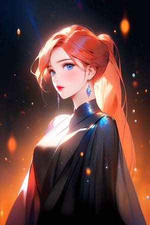 1girl, solo, ((standing: 2.5)), long hair, looking at viewer, blush, bangs, hair ornament, jewelry, blue eyes, ponytail, red straight hair, earrings, parted lips, blurry, lips, ((gray dress: 1.1)), eyelashes, portrait, light particles, ((masterpiece: 2)), excellent quality, light particles, water drop, ((stunning_image: 1.5)), ((magma drops in air: 1)), ((upper bdy: 2.5)).