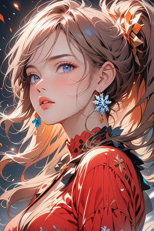1girl, solo, ((standing: 2.5)), long hair, looking at viewer, blush, bangs, hair ornament, jewelry, blue eyes, ponytail, orange straight hair, earrings, parted lips, blurry, lips, ((red dress: 1.1)), eyelashes, portrait, light particles, ((masterpiece: 2)), excellent quality, light particles, snowflakes, ((stunning_image: 1.5)), ((magma drops in air: 1)), medium long shot.,Ink art
