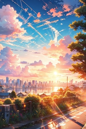 outdoors, sky, cloud, tree, no humans, building, scenery, sunset, fence, railing, sun, cityscape