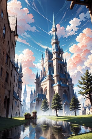outdoors, sky, day, cloud, tree, blue sky, no humans, window, shadow, plant, building, scenery, reflection, medieval city, ((fantasy medieval city: 1.2)), ((stunning_image: 1.2)),Detail