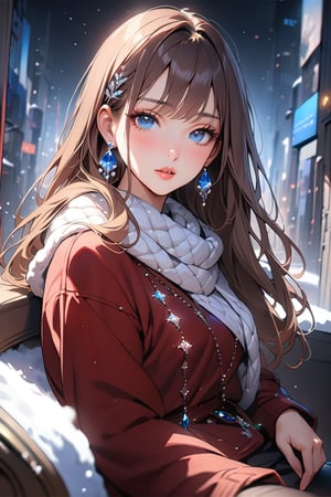 1girl, solo, ((sitting: 2.5)), long hair, looking at viewer, blush, bangs, hair ornament, jewelry, blue eyes, himecut, red straight hair, earrings, parted lips, blurry, lips, ((ropa de invierno: 1.1)), eyelashes, portrait, light particles, ((masterpiece: 2.5)), excellent quality, light particles, city in background, ((stunning_image: 1.5)), ((snow in air: 1)), full body shot.