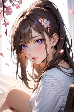 1girl, solo, ((sitting: 2.5)), long hair, looking at viewer, blush, bangs, hair ornament, jewelry, purple eyes, ponytail, brown straight hair, earrings, parted lips, blurry, lips, ((casual clothes: 1.1)), eyelashes, portrait, light particles, ((masterpiece: 2.5)), excellent quality, light particles, ((stunning_image: 1.5)), ((sakura petals in air: 1)), medium long shot.