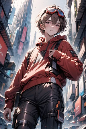 1boy, male focus, medium shot, cyberpunk clothes (white shirt, red hoodie, black_pants, futuristic goggles in head), ((masterpiece quality: 2)), ((light particles: 1.5)), futuristic city in background. physical appareance (brown hair, red eyes, very short hair).