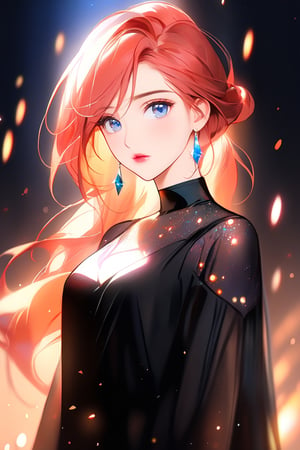 1girl, solo, ((standing: 2.5)), long hair, looking at viewer, blush, bangs, hair ornament, jewelry, blue eyes, ponytail, red straight hair, earrings, parted lips, blurry, lips, ((black dress: 1.1)), eyelashes, portrait, light particles, ((masterpiece: 2)), excellent quality, light particles, water drop, ((stunning_image: 1.5)), ((magma drops in air: 1)), ((upper bdy: 2.5)).