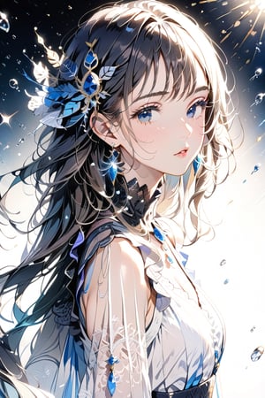 1girl, solo, ((standing: 2.5)) long hair, looking at viewer, blush, bangs, hair ornament, jewelry, blue eyes, himecut, black straight hair, earrings, parted lips, blurry, lips, eyelashes, portrait, light particles, ((masterpiece: 2)), excellent quality, light particles, water drop, ((stunning_image: 1.5)), ((cristals in air: 1)), medium long shot.