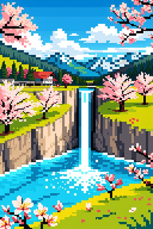 flower, outdoors, sky, day, cloud, water, tree, blue sky, petals, no humans, bird, grass, cherry blossoms, building, scenery, pink flower, mountain, bridge, river, waterfall, landscape, incredibly stunning image,Pixel art