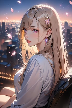 1girl, solo, ((sitting: 2.5)), long hair, looking at viewer, blush, bangs, hair ornament, jewelry, pink eyes, himecut, blonde straight hair, earrings, parted lips, blurry, lips, ((evening: 1.1)), eyelashes, portrait, light particles, ((masterpiece: 2.5)), excellent quality, light particles, city in background, ((stunning_image: 1.5)), ((sakura petals in air: 1)), full body shot.