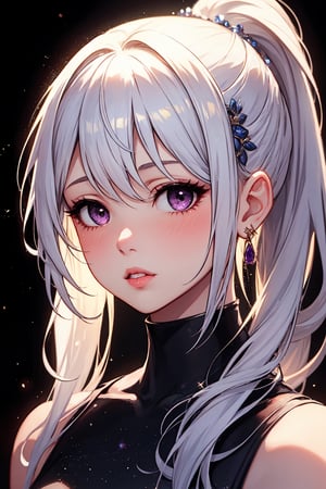 1girl, solo, long hair, looking at viewer, blush, bangs, hair ornament, jewelry, purple eyes, ponytail, white hair, earrings, parted lips, blurry, lips, eyelashes, portrait, light particles