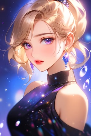 1girl, solo, long hair, looking at viewer, blush, bangs, hair ornament, jewelry, purple eyes, ponytail, blonde hair, gold earrings, ((evening_dress: 1)), parted lips, blurry, lips, eyelashes, portrait, light particles, ((masterpiece: 2)), excellent quality, light particles, water drop, ((stunning_image: 1.5)).,masterpiece