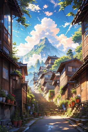 outdoors, sky, day, cloud, water, tree, blue sky, no humans, window, shadow, plant, building, scenery, stairs, mountain, railing, road, bush, cityscape, architecture, house, east asian architecture, town, balcony